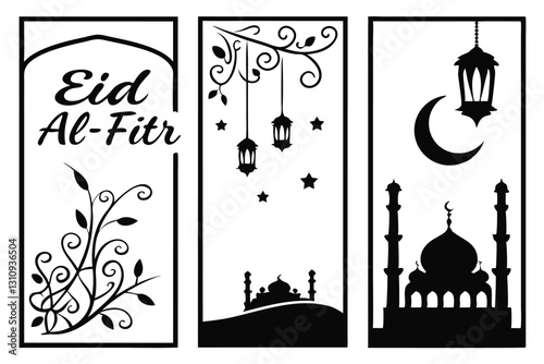 elegant eid al-fitr design in black and white featuring mosque domes, crescent moon, hanging lanterns, arabic calligraphy, and decorative floral elements for islamic art