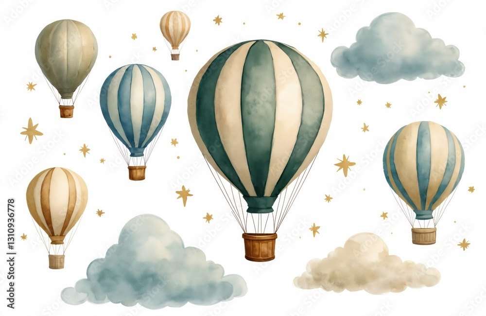 Obraz premium Watercolor illustration of hot air balloons and clouds in sky. Retro airships with basket, stripes. Travel, adventure, journey, freedom design. Isolated decor element for print design, backgrounds.