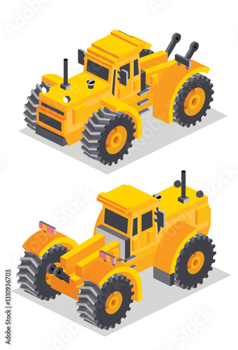 Isometric modern yellow agricultural tractor, front and rear views. Illustration isolated on a white background.
