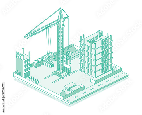 Construction site with crane and skyscraper. Process of building a multi-storey building. Illustration in outline style. Isometric view of a monolithic frame building.