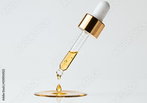 Dropping golden serum from glass pipette for skincare treatment concept