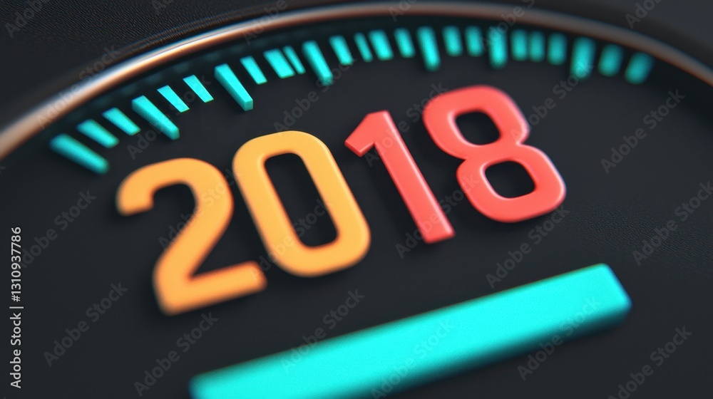Colorful Year 2018 Display on a Dashboard Gauge Close-Up