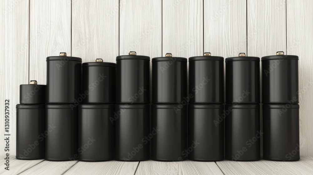 Black Batteries Arranged on Wooden Surface in a Minimalist Style Black Batteries Arranged on Wooden Surface in a Minimalist Style