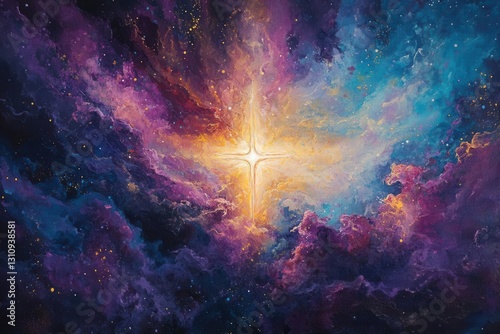 vibrant abstract painting depicting the cosmos with a luminous cross radiating light through swirling nebulae of purples, blues, and golds, symbolizing divine presence in creation