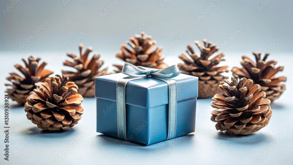 Fototapeta premium A small, elegantly wrapped gift box sits amidst a cluster of pine cones, creating a festive and serene winter scene.