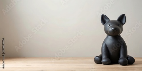 A sleek, matte black canine figurine sits patiently on a light wood surface against a neutral backdrop