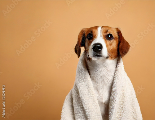 cute dog wearing towel on beige background
