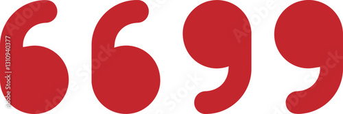 Red quotation marks, bold typography, minimalist design, graphic elements, punctuation symbols,