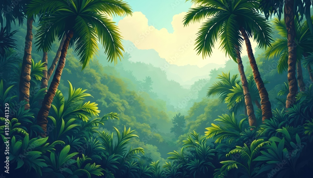 Horizontal panorama of tropical jungle with dense forest illustration. Exotic colorful scenery of green rainforest with foliage. Tall palm trees, leafy plants in adventure wildlife nature background. Horizontal panorama of tropical jungle with dense forest illustration. Exotic colorful scenery of green rainforest with foliage. Tall palm trees, leafy plants in adventure wildlife nature background.