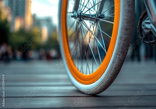 A bicycle wheel with a white rim and orange tire
