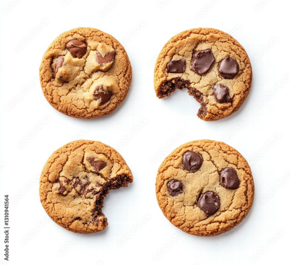 Four cookies with chocolate chips and one with chocolate chips and nuts Four cookies with chocolate chips and one with chocolate chips and nuts