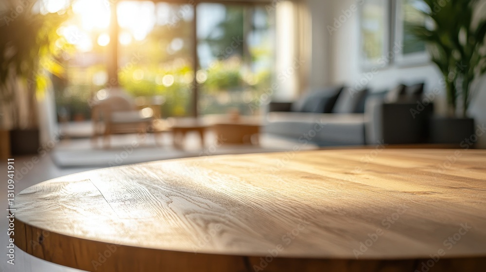 Sunlit wooden table in a blurred living room. Perfect for product displays or showcasing home decor. Sunlit wooden table in a blurred living room. Perfect for product displays or showcasing home decor.