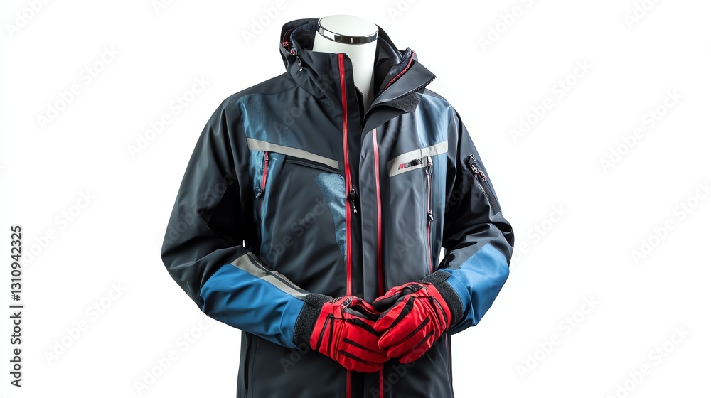 Stylish winter jacket with red gloves on a mannequin with white isolate background. Stylish winter jacket with red gloves on a mannequin with white isolate background.