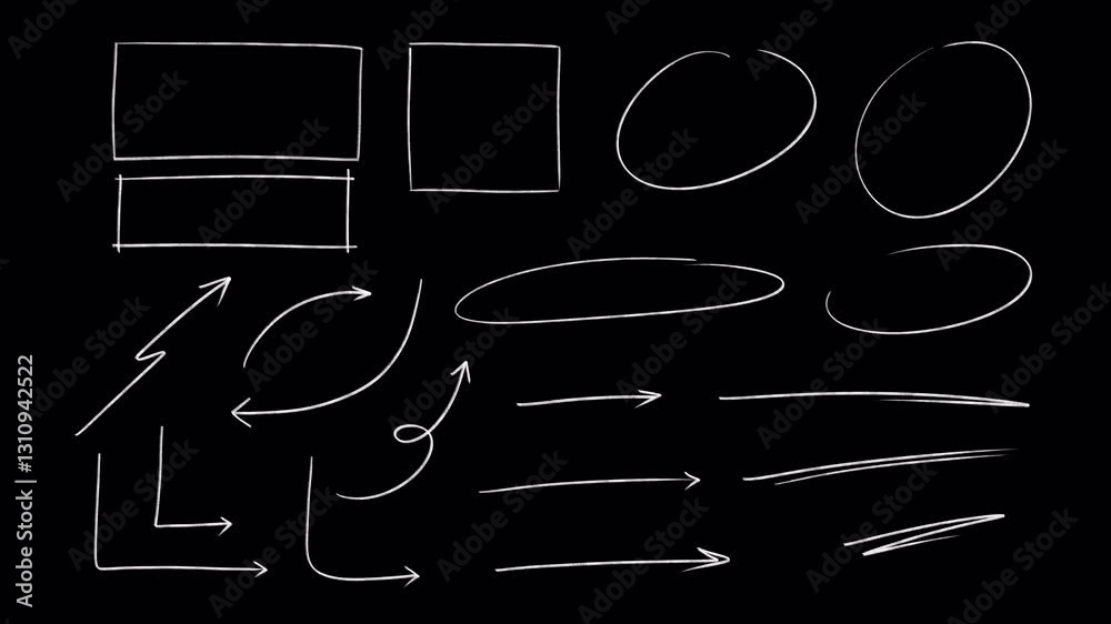 A Set of Pencil thin line art, boxes, circles, arrows: Hand-drawn animation of pencil crayon, rough chalk underline, long round, sketching elements on a transparent bg