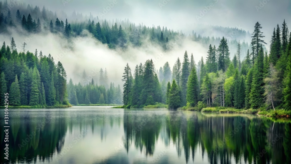 Serene lake reflecting misty evergreen forest, a tranquil landscape scene of nature's beauty in a quiet and peaceful setting Serene lake reflecting misty evergreen forest, a tranquil landscape scene of nature's beauty in a quiet and peaceful setting