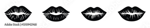 Black lipstick kiss marks set, 4 vector EPS lip prints with realistic texture and grunge details. Sexy female mouth silhouettes for beauty branding. Dark gothic makeup kiss icons on white