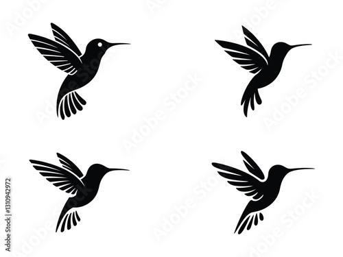Hummingbird silhouette vector set, 4 black bird icons in flight, minimalist colibri logo design elements for branding and tattoos, elegant flying hummingbird illustrations on white background