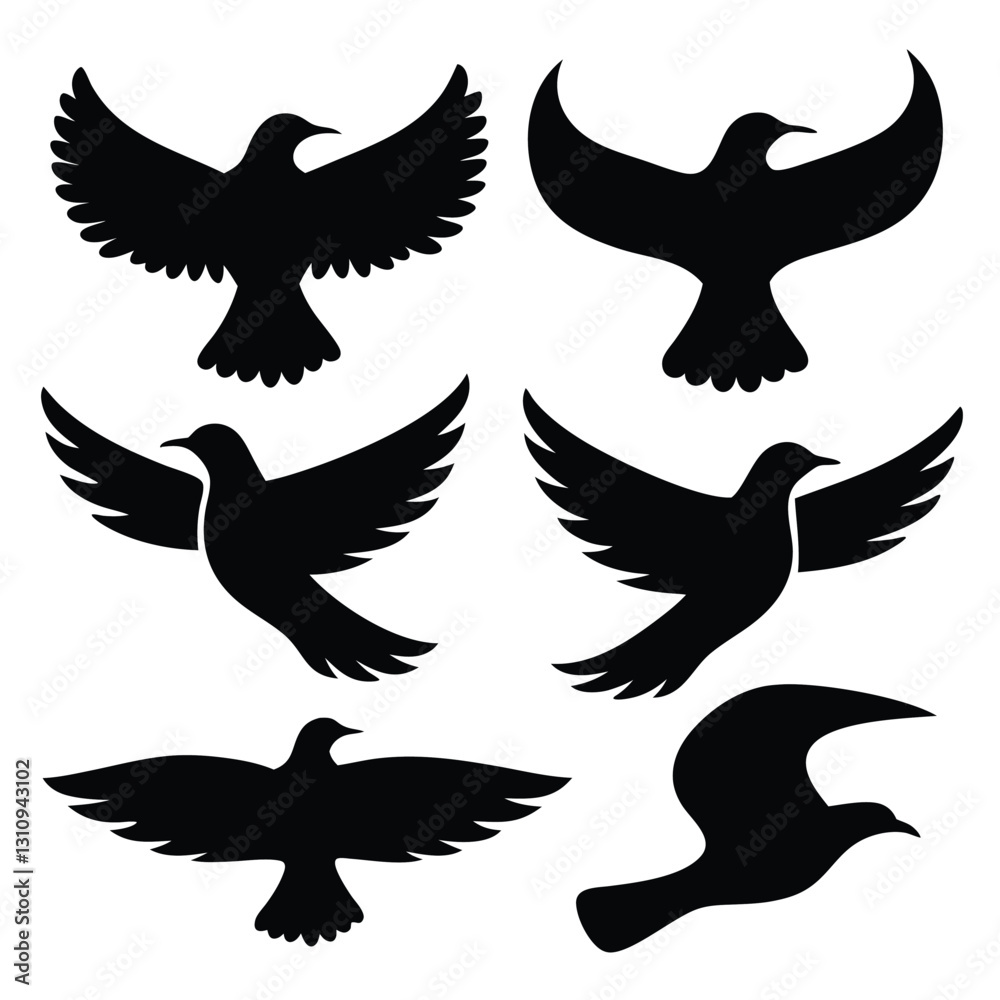 Black silhouette birds in flight against a white background. Black silhouette birds in flight against a white background.