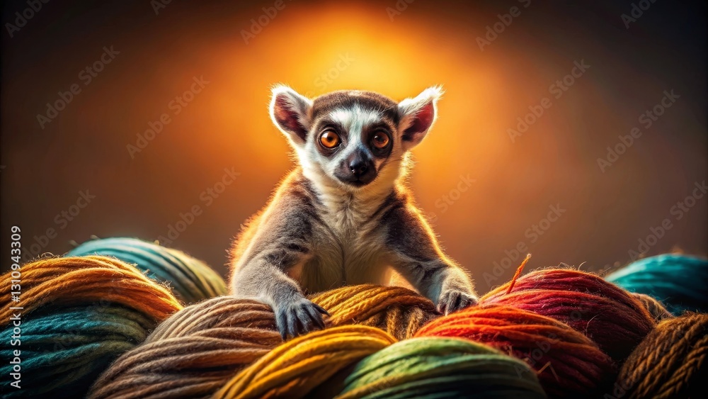 Fototapeta premium A curious ring-tailed lemur playfully interacts with a vibrant collection of colorful yarn balls, bathed in warm, golden light.