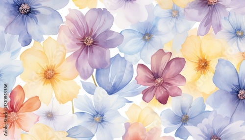 Vibrant and colorful illustration of various flowers, including blue, orange, and yellow blooms on white background.