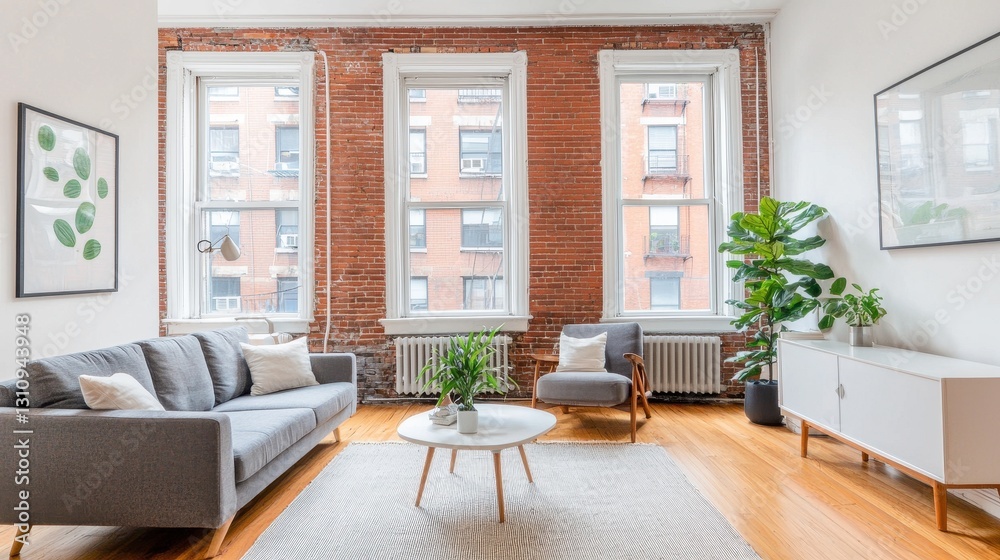 Fototapeta premium Bright and Stylish Living Room with Exposed Brick and Greenery