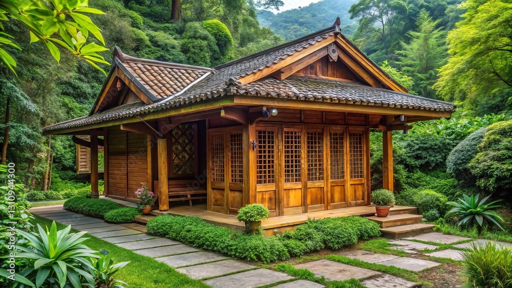 Serene Wooden Pavilion nestled amidst lush green foliage, a tranquil garden escape with a stone pathway Serene Wooden Pavilion nestled amidst lush green foliage, a tranquil garden escape with a stone pathway