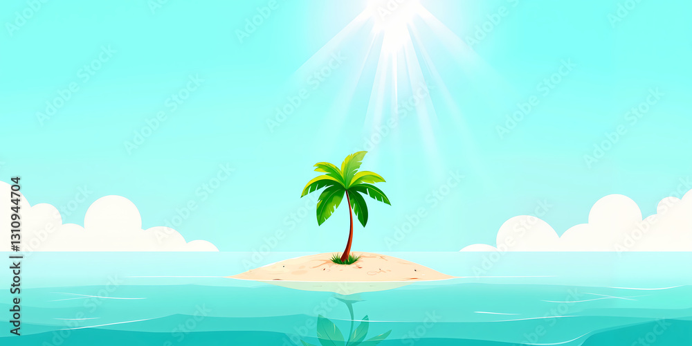 Obraz premium Small tropical island with a single green palm tree surrounded by calm blue ocean under the bright sun, symbolizing isolation, travel, and paradise retreat.