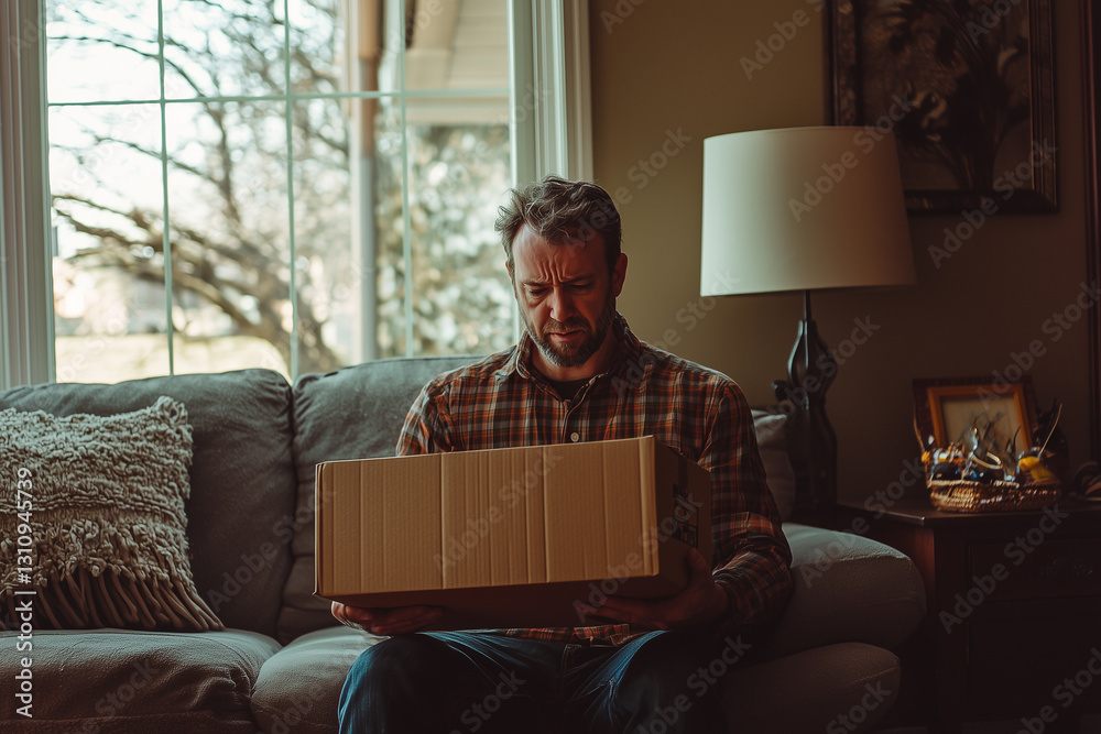 Fototapeta premium Surprised Man Opening Package at Home