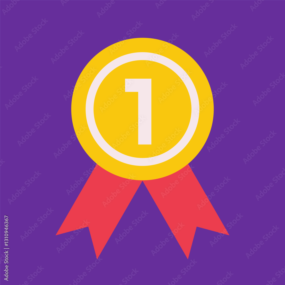 Vector flat illustration with gold medal as symbol of first place on championship or competition, success, achievement and award. Bright background. Minimalistic concept, clipart sport collection Vector flat illustration with gold medal as symbol of first place on championship or competition, success, achievement and award. Bright background. Minimalistic concept, clipart sport collection