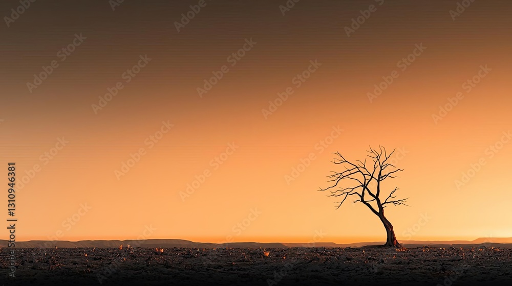 Obraz premium Climate Change drought idea. A solitary tree stands against a vibrant sunset sky, evoking tranquility and solitude.