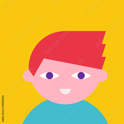 Vector flat illustration with profile of man or boy with red tousled hair, round head and white pretty smile. Bright colors in minimalistic concept, clipart avatar collection