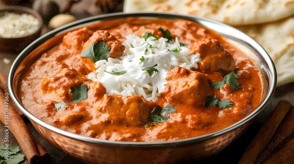 Creamy Butter Chicken with Basmati Rice in a Traditional Copper Bowl Creamy Butter Chicken with Basmati Rice in a Traditional Copper Bowl