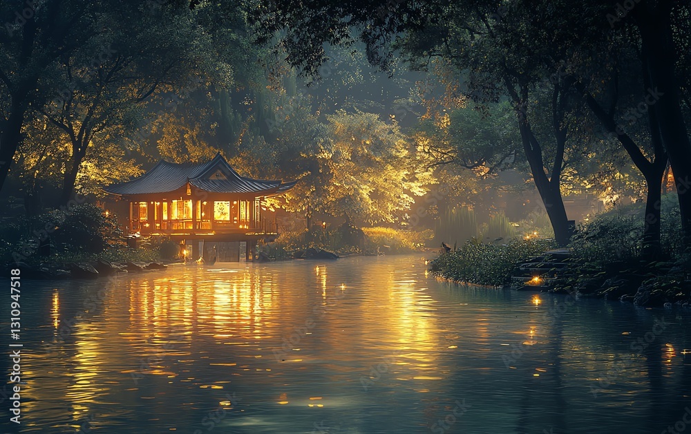 Fototapeta premium Graceful river flowing beneath a glowing, magnificent structure, symbolizing the perfect union between two captivating landscapes in serene tranquility
