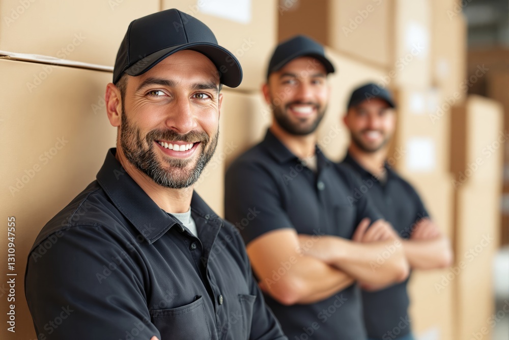 Fototapeta premium Warehouse workers in uniform standing in front of boxes.