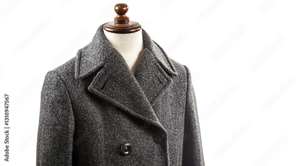 Stylish grey coat displayed on a mannequin, white isolate background. Stylish grey coat displayed on a mannequin, white isolate background.