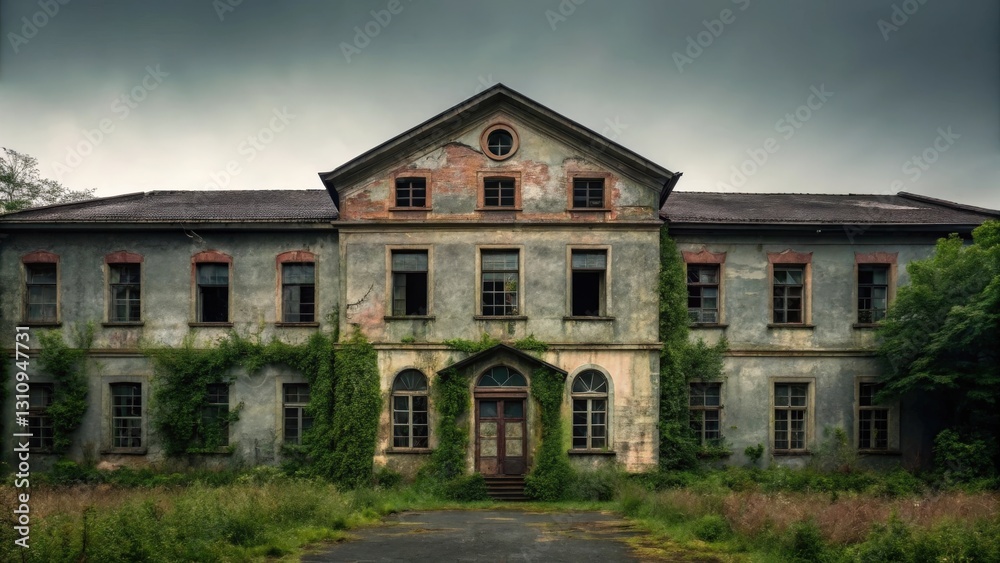 an abandoned mansion, evoking a sense of mystery. The house is dilapidated, with overgrown vegetation creeping over its walls an abandoned mansion, evoking a sense of mystery. The house is dilapidated, with overgrown vegetation creeping over its walls