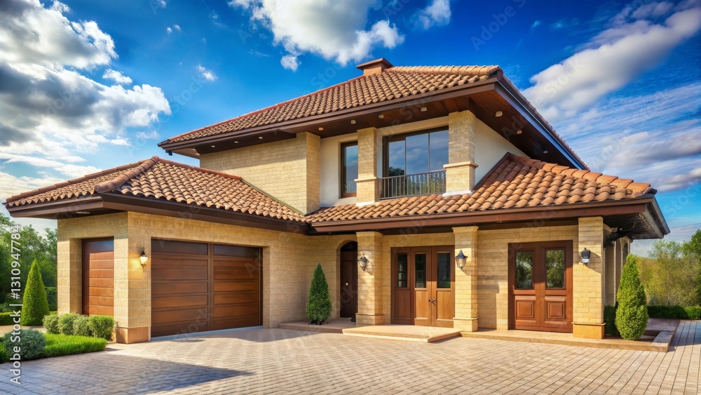 Luxury Suburban Home with Double Garage and Expansive Driveway, under a Summer Sky Luxury Suburban Home with Double Garage and Expansive Driveway, under a Summer Sky