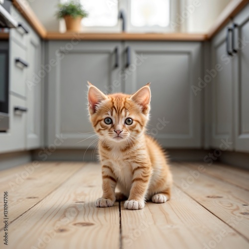 Cute orange kitten looking curiously in a modern kitchen with wooden floor

