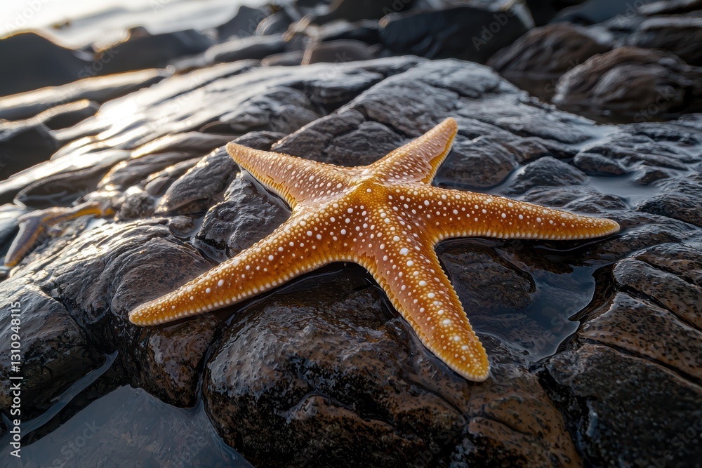 Starfish resting on a rocky shore, with tide pools and sunlight glistening on the waves in a serene summer moment Starfish resting on a rocky shore, with tide pools and sunlight glistening on the waves in a serene summer moment