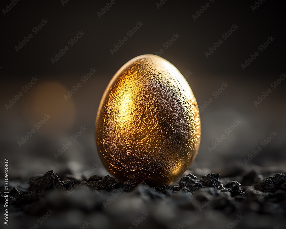 Fototapeta premium Closeup of a gleaming golden egg in a dark, mysterious environment, with light reflections symbolizing its unmatched rarity and precious essence