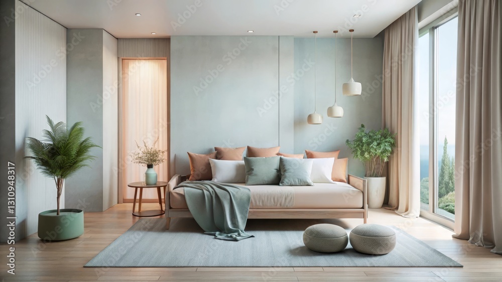 Fototapeta premium Serene Bedroom Sanctuary with Natural Light and Neutral Tones Featuring a Comfortable Daybed