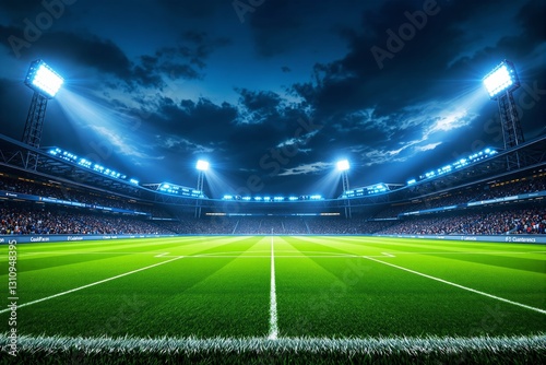 Illuminated soccer stadium at night with crowd.
