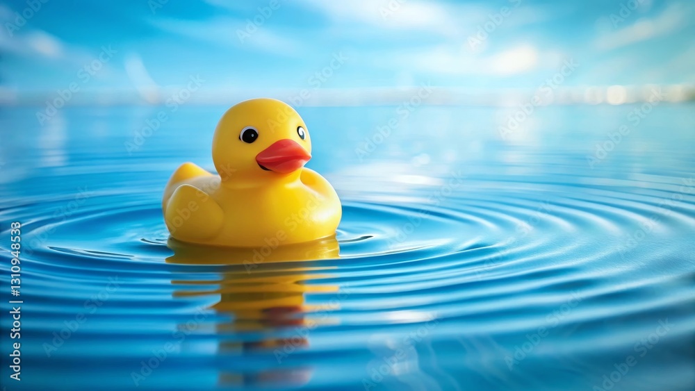 A cheerful yellow rubber duck serenely floats on calm blue water, creating gentle ripples, a picturesque scene of tranquility and simple joy. A cheerful yellow rubber duck serenely floats on calm blue water, creating gentle ripples, a picturesque scene of tranquility and simple joy.