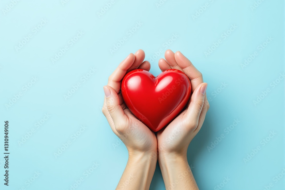 Hands holding a red heart on a light blue background. Hands holding a red heart on a light blue background.