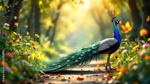 Peacock Walking Gracefully Across a Sunlit Path with Butterflies and Nature, Peacock+ Sounds supper resolution 4k video