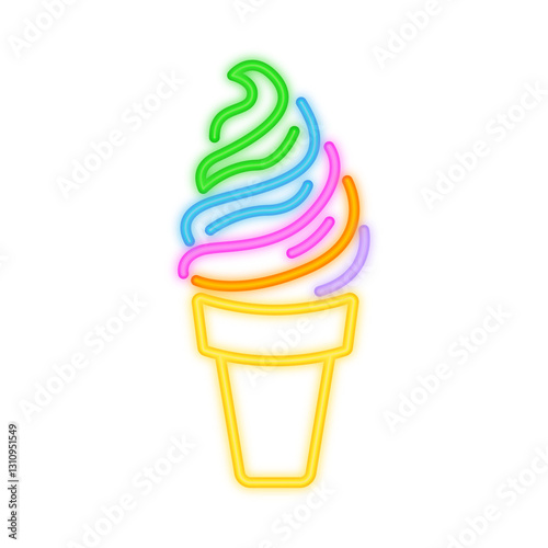A vibrant neon illustration of a soft-serve ice cream cone with a colorful rainbow swirl, symbolizing sweetness, summer, fun, and indulgence