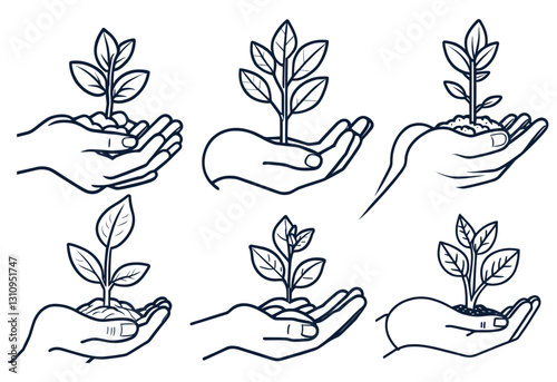 A set of six drawings of hands holding plants, each with a different stage of growth. The drawings convey the idea of nurturing and growth, as well as the importance of caring for plants