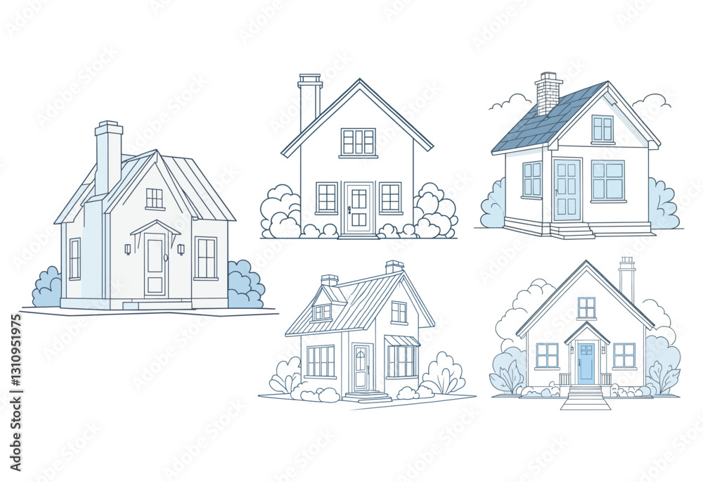 A set of four houses with different styles and sizes. The houses are all white and have blue accents. The houses are arranged in a row, with the first house on the left and the last house on the right A set of four houses with different styles and sizes. The houses are all white and have blue accents. The houses are arranged in a row, with the first house on the left and the last house on the right