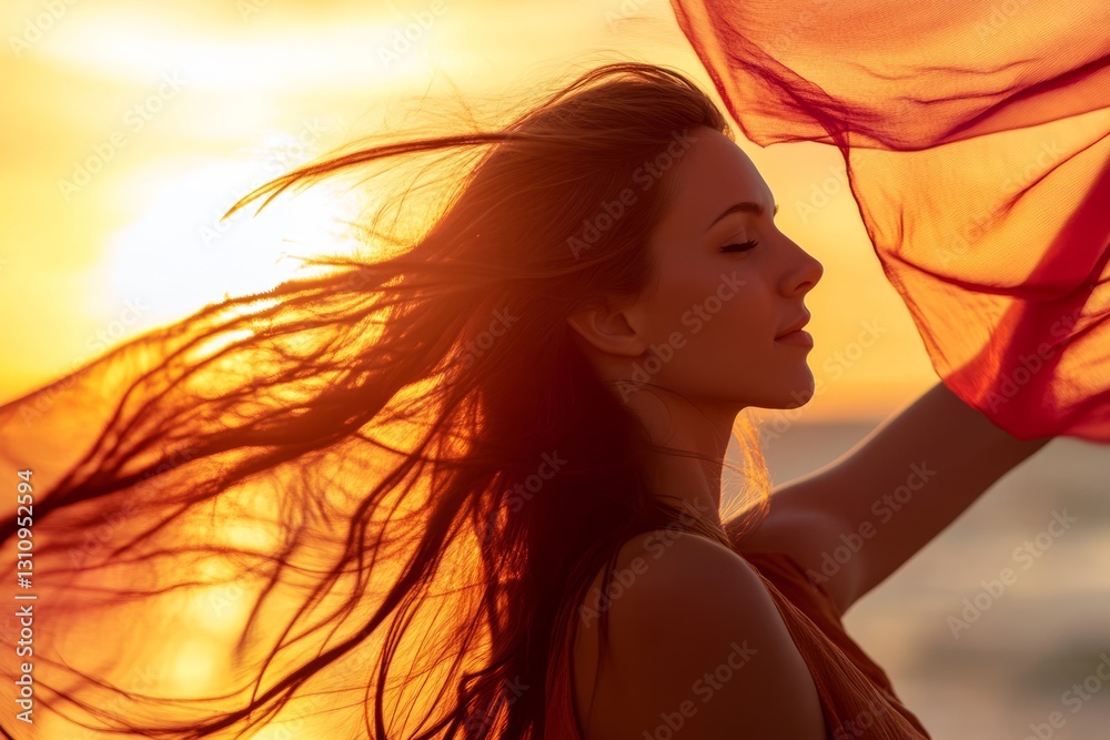 Elegant female face in the sunset dancing with a kite, kite fabric background. Elegant female face in the sunset dancing with a kite, kite fabric background.