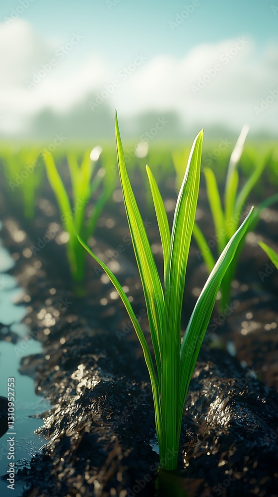 Obraz premium Lush green rice plants emerging from moist soil, basking in soft sunlight, showcasing agricultural growth and vitality.